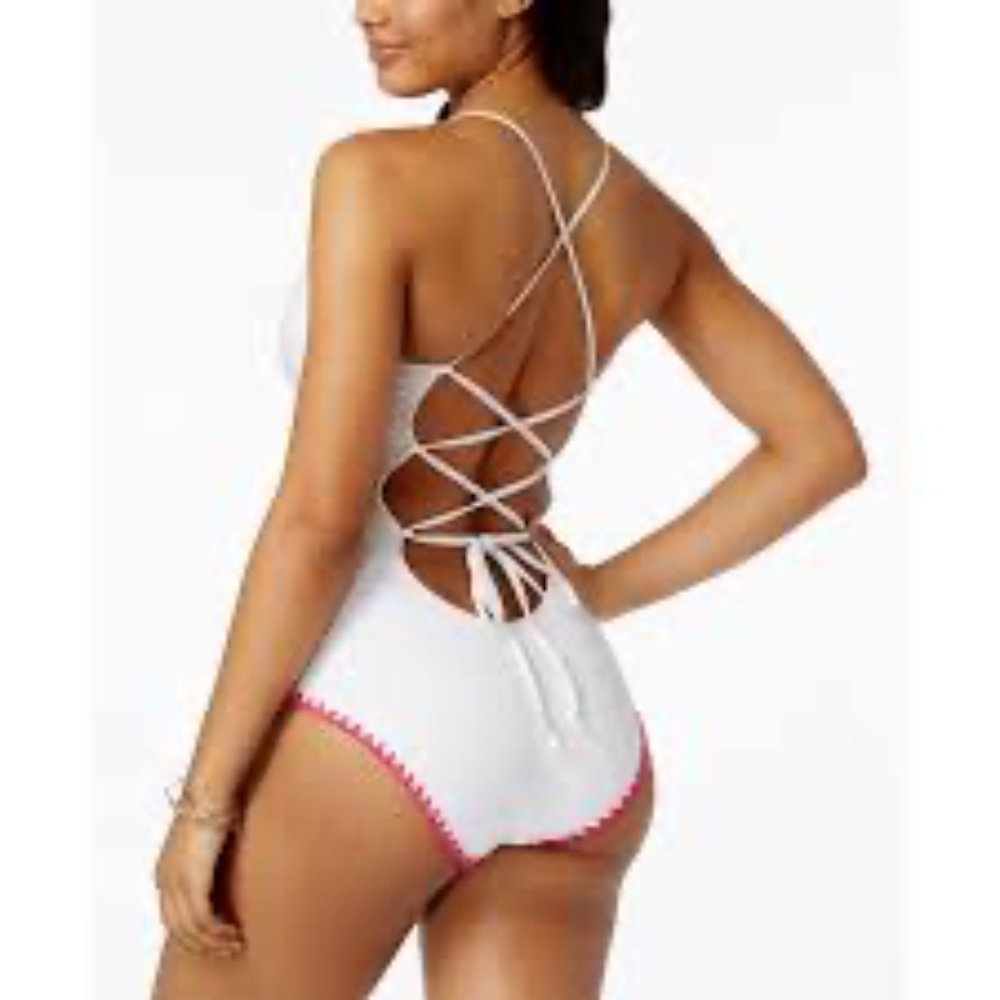 White One Piece swim tie up back string with pink crochet - SMALL bariii